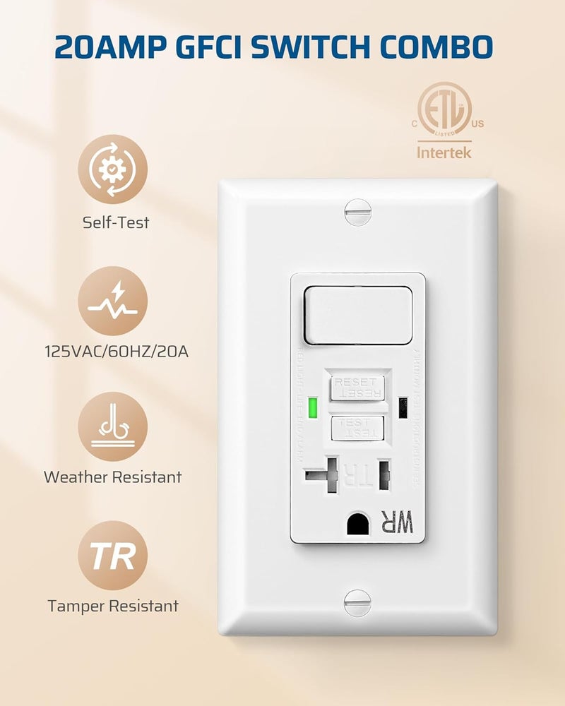 DEWENWILS 20A مخرج كهربائي مع مفتاح GFCI، مخرج كهربائي مقاوم للتلاعب، مخرج GFCI بقدرة 20 أمبير، قاطع دائرة عطل أرضي مقاوم للطقس، اختبار ذاتي مع مؤشر LED، مدرج في ETL، أبيض - Image 3